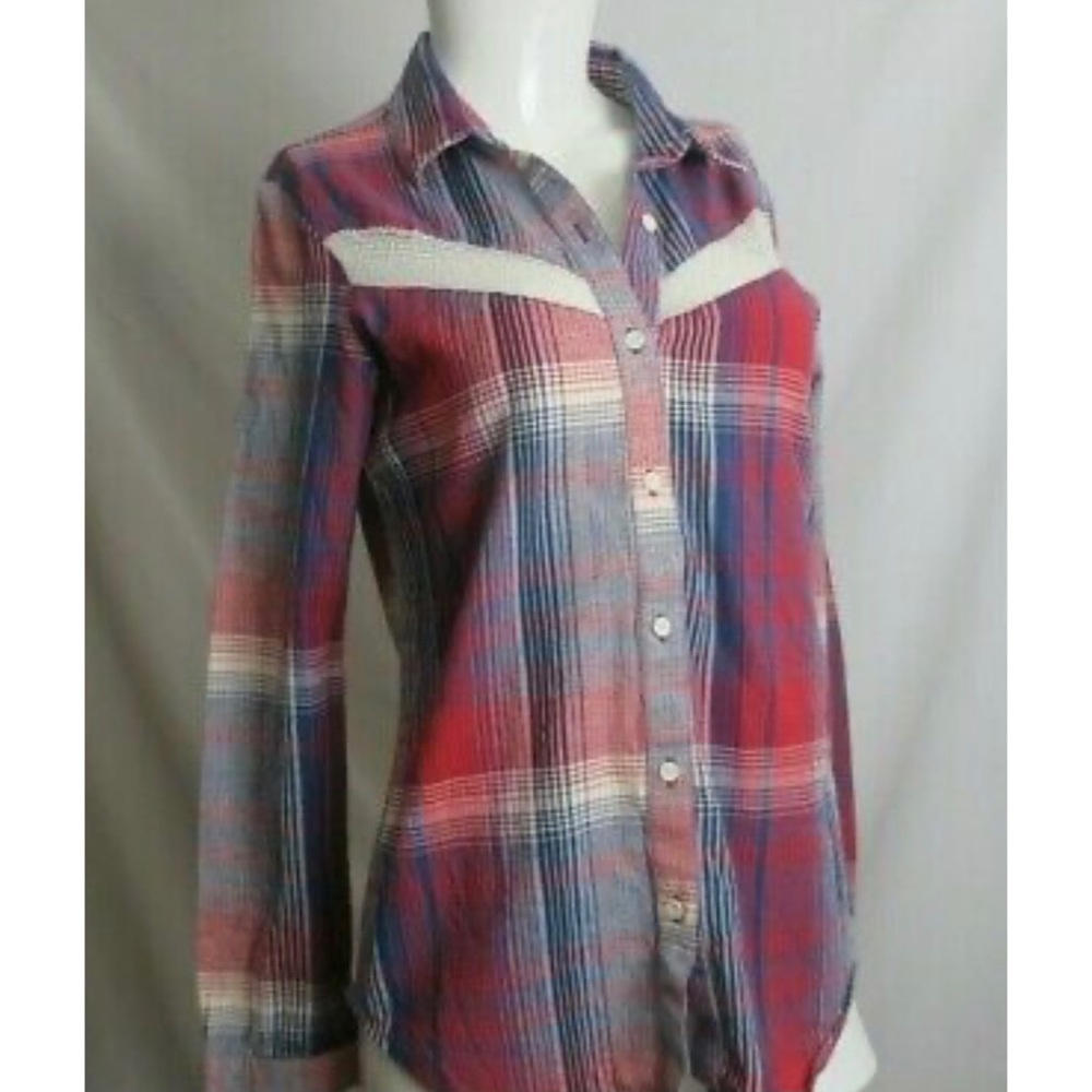💜 3/25 Ripcurl Women’s Plaid Blouse w Mesh Accent - Picture 4 of 5